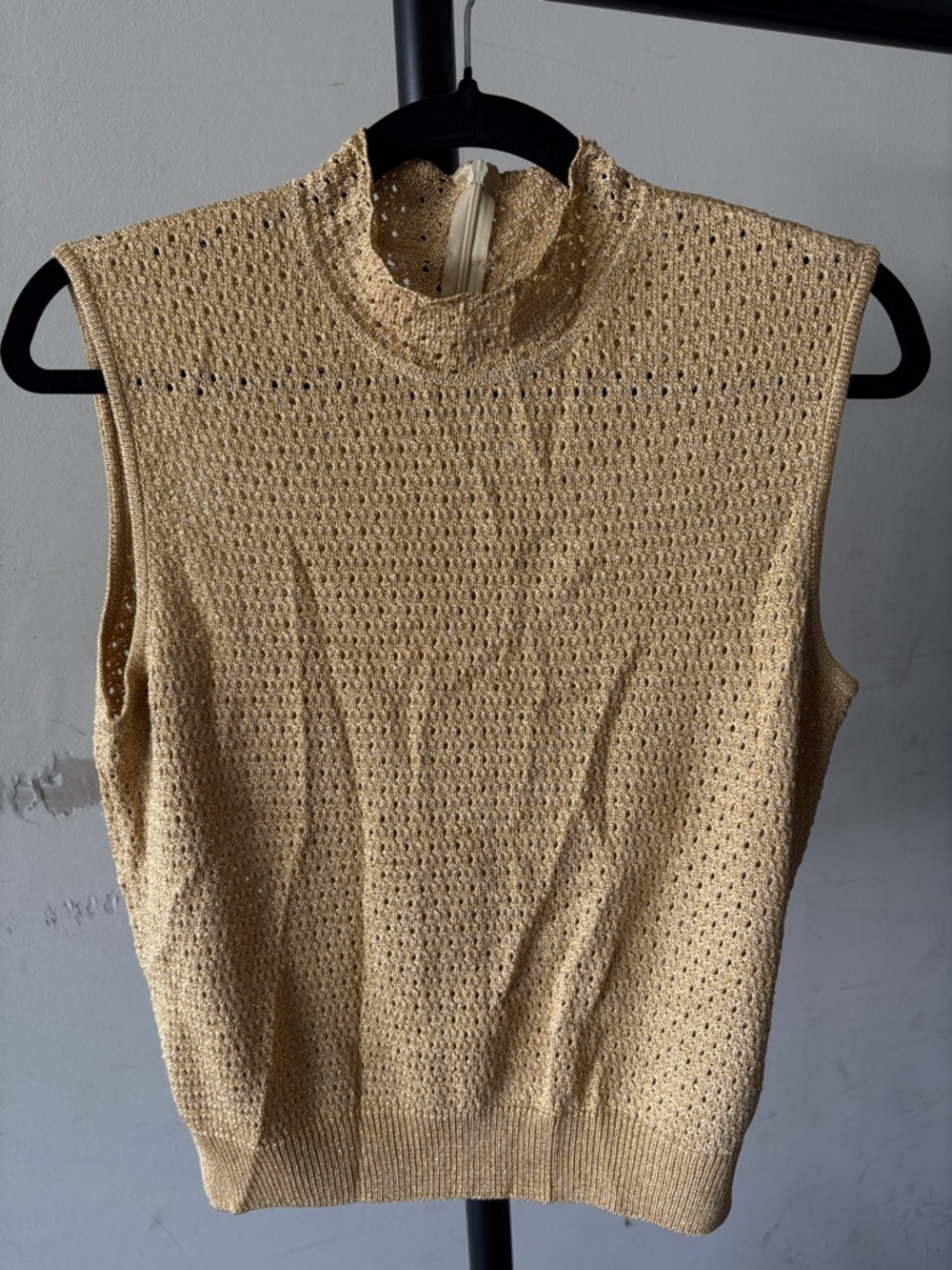 St. John Openwork Sleeveless Mock Neck Top in Camel Gold